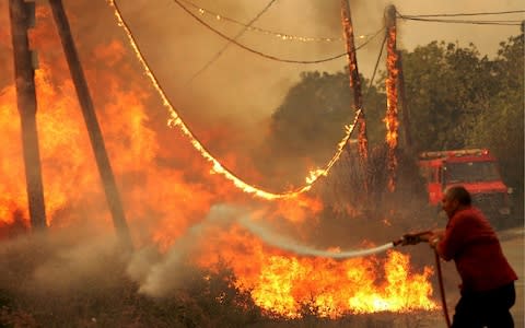 A Greek firefighter battles the fire at the village of Styra on the island of Evia, Greece, in August 2007 - Credit: Margarita Kiaou/EPA