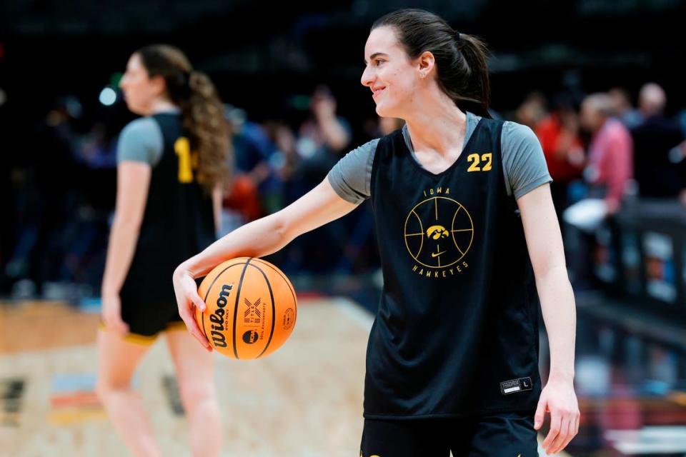 Iowa’s Caitlin Clark (22) practices with her team at the American Airline Center before the NCAA Tournament Final Four game against South Carolina on Thursday, March 30, 2023.
