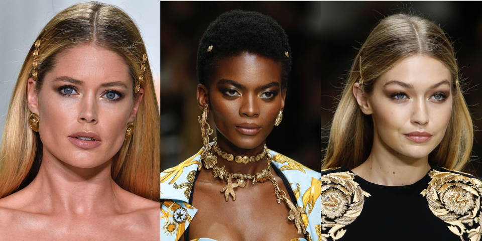 <p>All hair types and textures can try this trend: two barrettes of your choice fastened parallel just above each temple. We love the gold ones at the Versace show, but a classic bobby pin done in a metallic finish works just as well.</p>