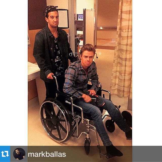 Bad news for Derek Hough. After injuring himself rehearsing for the 10th Anniversary <em>Dancing with the Stars</em> special on Monday night, the 29-year-old dancer has been diagnosed with a broken toe on his right foot, sprains on both the inside and outside of his left ankle, and a bone bruise on the same ankle, his rep tells ET. Derek will have to remain in Los Angeles this week to rehab his injuries, while his understudy will be filling in for him for the <em>New York Spring Spectacular</em> show in NYC. But will his injuries force him to drop out of <em>DWTS</em>? For now it remains unclear if Derek will be able to perform on Monday's episode, but his partner Nastia Liukin will train in Los Angeles this week with pro-dancer Sasha Farber to prepare for the live show. PHOTOS: Complete List of 'Dancing with the Stars' Winners Though don't count out Derek just yet. He displayed his determined attitude on his Instagram on Tuesday, writing, "Your setback is a platform for your comeback." Derek's close friend and fellow <em>DWTS </em>pro Mark Ballas -- who spent most of the night with him in the ER -- talked to ET on Tuesday, and gave us an update on his condition. "It was just ironic that it was two feet," Mark told ET, referring to Derek's now deleted Instagram post showing two bandaged feet. "But fingers crossed that it's not gonna be as bad as we thought. The X-rays came out good I believe." Mark says Derek is remaining positive despite his unexpected injury. "Derek's always in good spirits," he stressed. "Derek's always up, always positive, always supportive of everybody -- that's why it hurts when you see someone that happy, and someone so positive and great go down." Mark remains optimistic about Derek's return to the hit ABC show. "He'll come back harder, better, faster, stronger," he said. "He'll be back." NEWS: Inside Derek Hough's 'DWTS' Injury -- What Really Landed Him in the ER Find out more on Derek's injury -- which according to his former <em>DWTS</em> partner Maria Menounos, he got when he smashed his foot on a piece of equipment then fell down the stairs -- by watching the video below.