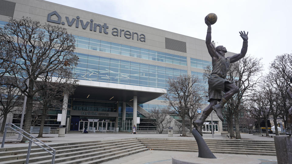 A statue of former Utah Jazz player Karl Malone is shown in front of the Vivint Arena before the start of the NBA basketball All-Star weekend Wednesday, Feb. 15, 2023, in Salt Lake City. More than 60 players are making their way to Salt Lake City for All-Star weekend, some of them for the first time, one of them for the 19th time. And while some events will tout the league's future, many will be celebrating the past.(AP Photo/Rick Bowmer)