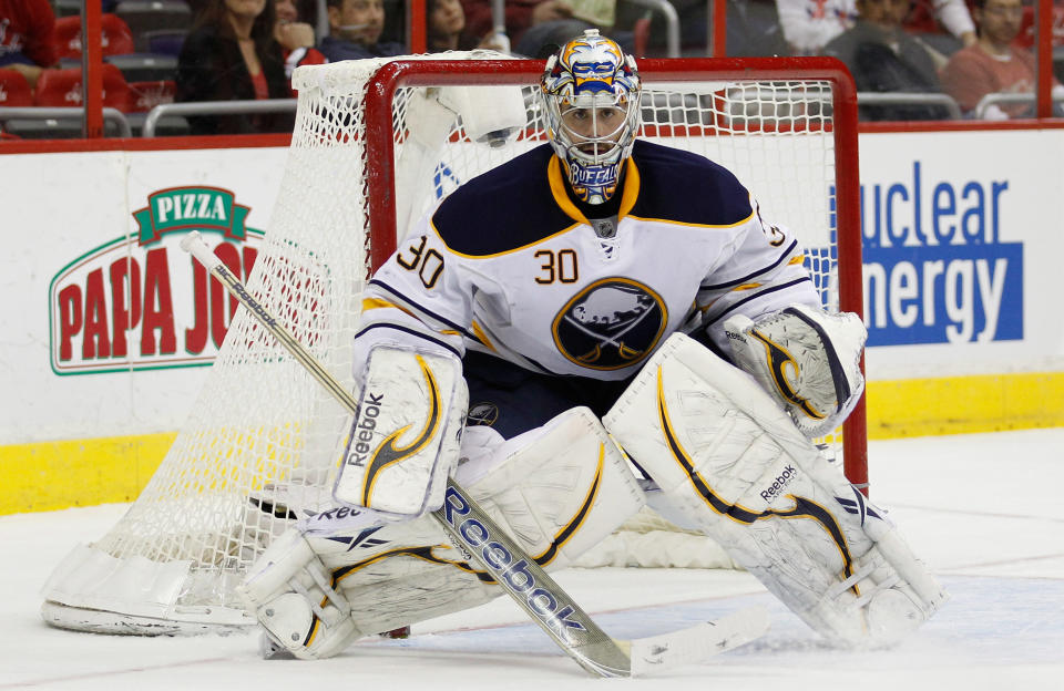 WASHINGTON, DC - MARCH 27: Goalie Ryan Miller #30 of the Buffalo Sabres follows the puck against the Washington Capitals during the third period at the Verizon Center on March 27, 2012 in Washington, DC. (Photo by Rob Carr/Getty Images)