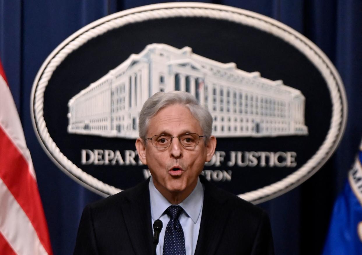 Attorney General Merrick Garland speaks at the Justice Department.