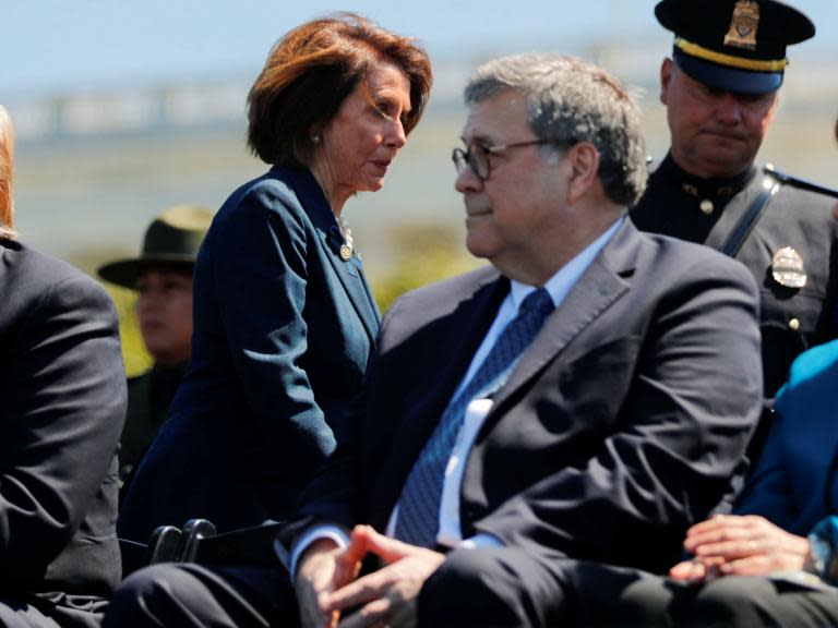 If Attorney General William Barr is worried about being held in contempt of Congress, he didn’t show it Wednesday.At an event outside the West Front of the Capitol honouring slain law enforcement officers, Barr approached House Speaker Nancy Pelosi, who last week joked about locking up members of the Trump administration in “a jail down in the basement of the Capitol.”According to a person who witnessed the exchange, Mr Barr shook Ms Pelosi’s hand and said loudly, “Madam Speaker, did you bring your handcuffs?”Ms Pelosi smiled and responded that the House sergeant at arms was present should it be necessary to arrest anyone, the person said, adding that Mr Barr “chuckled and walked away.”A Justice Department spokeswoman did not immediately respond to a request for comment.The exchange comes amid escalating tensions between the Trump administration and Democratic lawmakers over investigations on issues including Russian election interference, the president’s financial records and his financial separation policy. Democrats have accused the Trump administration of stonewalling their requests.Last week, the House Judiciary Committee voted along party lines to hold Barr in contempt of Congress for not providing the full, un-redacted report from special counsel Robert Muller into Russian interference in the 2016 presidential election.House Majority Leader Steny Hoyer said Wednesday that the House would likely vote on that citation next month. If the chamber votes in favour, then lawmakers will have to decide whether to try to compel Barr with fines, the courts or the prospect of jail time.At a Washington Post Live event last week, Ms Pelosi joked about locking up administration officials for not complying with subpoenas – even though no jail or detention area has existed on the Capitol grounds since 1877.“Let me just say that we do have a jail down in the basement of the Capitol,” Ms Pelosi said to laughter. “But if we were arresting all of the people in the administration, we would have an overcrowded jail situation, and I’m not for that.”The Washington Post