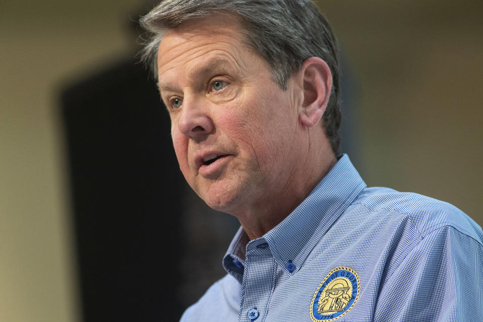 FILE - In this Monday, April 27, 2020, file photo, Georgia Gov. Brian Kemp speaks during a news conference at the Capitol building in Atlanta, amid the coronavirus outbreak. Georgia’s legislature on Tuesday, June 23, 2020, passed hate crimes legislation deemed essential by state leaders, sending the measure to Kemp’s desk. (Alyssa Pointer/Atlanta Journal-Constitution via AP, File)