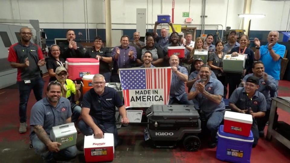 PHOTO: Some crew members from Igloo Coolers' factory in Katy, Texas stand together for Made in America Christmas on 'World News Tonight with David Muir.' (ABC News)
