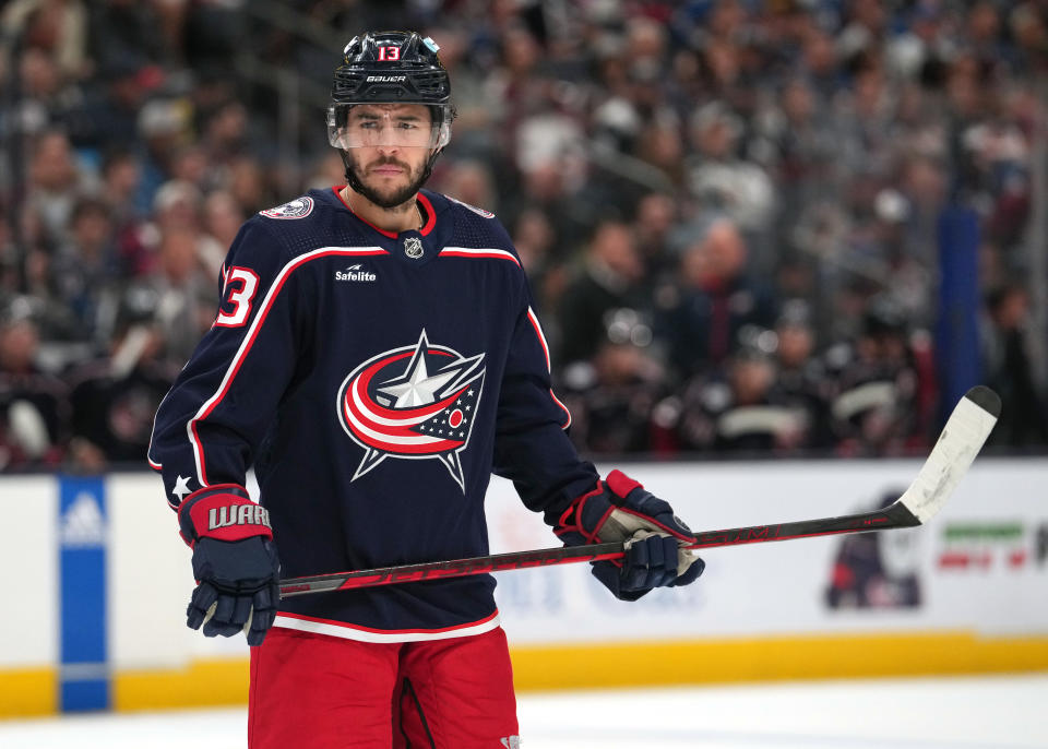 COLUMBUS, OHIO - APRIL 1: Johnny Gaudreau #13 of the Columbus Blue Jackets takes a break during a stoppage of play against the Colorado Avalanche at Nationwide Arena on April 1, 2024 in Columbus, Ohio. (Photo by Jason Mowry/Getty Images)