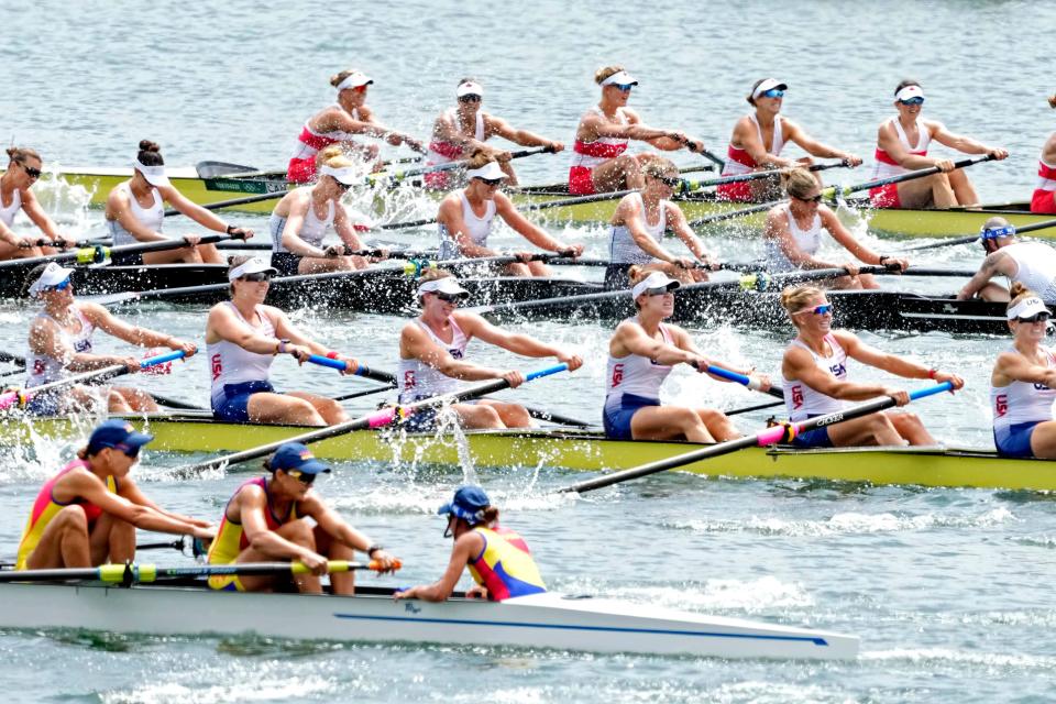 The United States competes in the women's rowing eight  during the Tokyo 2020 Olympic Summer Games at Sea Forest Waterway.