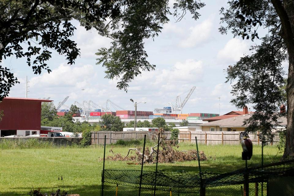 The Georgia Ports Authority Garden City Terminal can be seen from the backyard of Rebecca Russell's Garden City home.