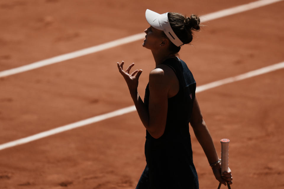 Russia's Veronika Kudermetova reacts as she plays Russia's Daria Kasatkina during their quarterfinal match of the French Open tennis tournament at the Roland Garros stadium Wednesday, June 1, 2022 in Paris. (AP Photo/Thibault Camus)