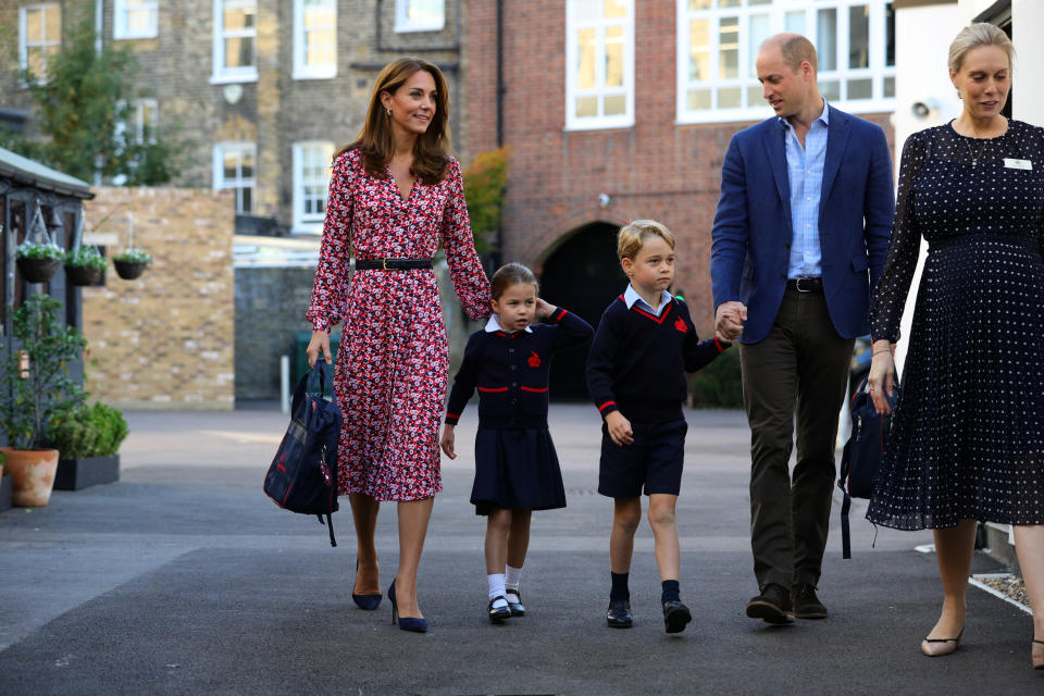Britain's Princess Charlotte arrives for her first day at school accompanied by her mother Catherine, Duchess of Cambridge, father Prince William, Duke of Cambridge, and brother Prince George, at Thomas's Battersea in London, Britain September 5, 2019. Aaron Chown/Pool via REUTERS