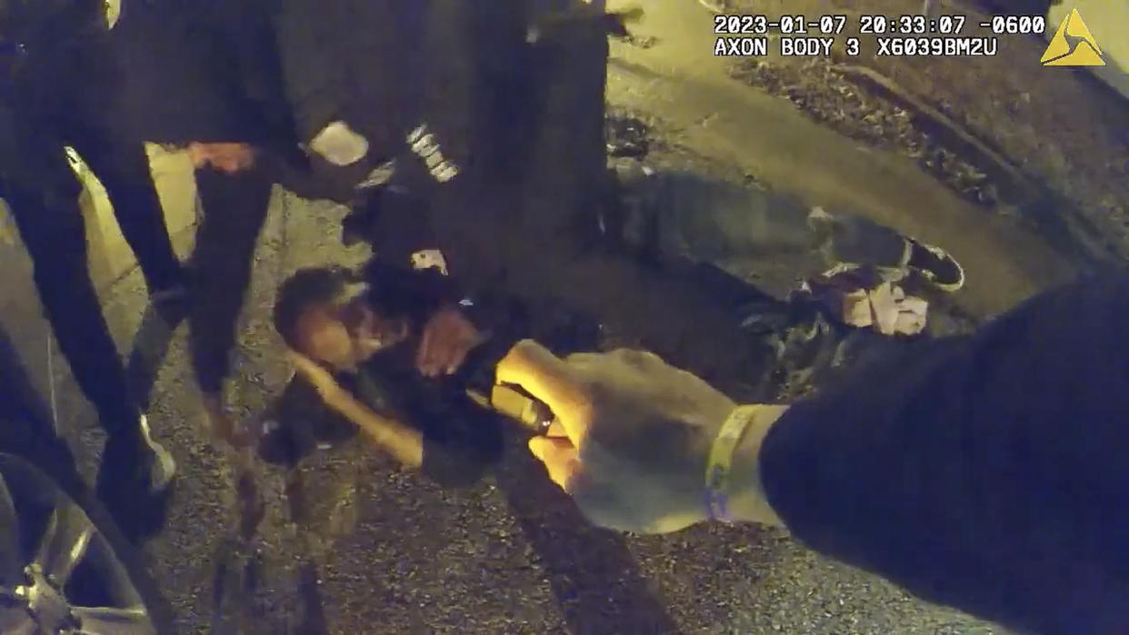 The image from video released on Jan. 27, 2023, by the City of Memphis, shows Tyre Nichols during a brutal attack by five Memphis police officers on Jan. 7, 2023, in Memphis, Tenn. Nichols died on Jan. 10. The five officers have since been fired and charged with second-degree murder and other offenses. (City of Memphis via AP)