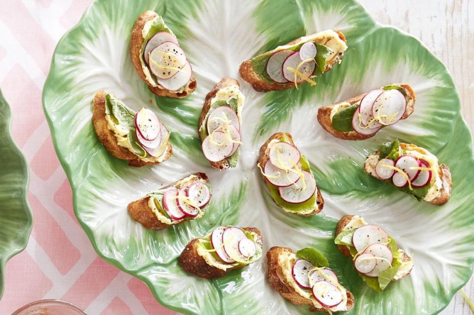 Sliced Radish and Radish Leaf Toasts with Lemon Butter