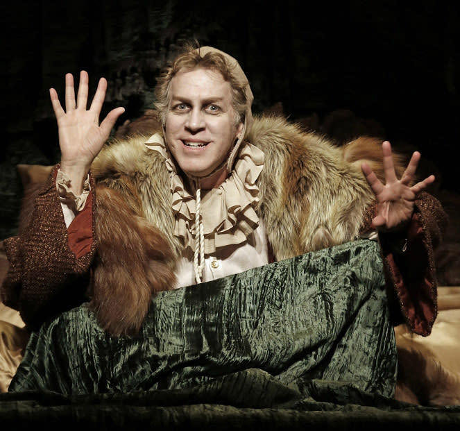 This undated publicity photo released by David Gersten and Associates shows Stephen Spinella as Volpone, The Fox, in a scene from Red Bull Theater’s production of Ben Jonson’s classic "Volpone," currently performing off-Broadway at the Lucille Lortel Theatre in New York. (AP Photo/David Gersten and Associates, Carol Rosegg)
