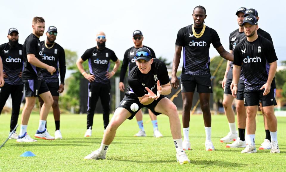 <span>‘We need to be relaxed’: Harry Brook takes part in a fielding drill in Bridgetown.</span><span>Photograph: Gareth Copley/Getty Images</span>