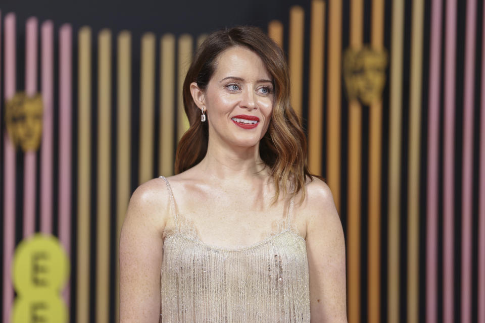 Claire Foy poses for photographers upon arrival at the 77th British Academy Film Awards, BAFTA's, in London, Sunday, Feb. 18, 2024. (Photo by Vianney Le Caer/Invision/AP)