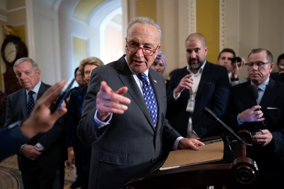Senate Majority Leader Chuck Schumer, D-N.Y., joined at left by Sen. Dick Durbin, D-Ill., the Democratic whip, takes question from reporters after a closed-door Democratic strategy meeting, at the Capitol in Washington, Wednesday, Sept. 6, 2023.