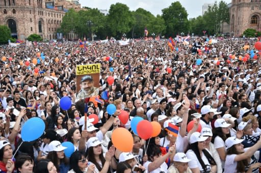 A massive crowd in Yerevan's central Republic Square sang the Armenian national anthem at a celebration rally following Nikol Pashinyan's election