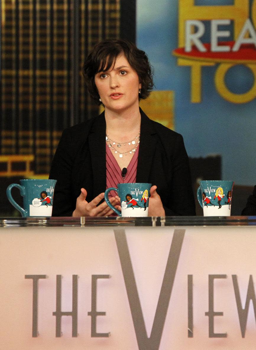 Georgetown University law student and activist Sandra Fluke speaks during an appearance on the daytime talk show, "The View," Monday, March 5, 2012 in New York. Fluke talked about conservative radio host Rush Limbaugh and the comments he made on his program after she testified to Democratic members of Congress in support of a requirement that health care companies provide coverage for contraception. Fluke told ABC's "The View" on Monday that she hasn't heard from Limbaugh since he issued a written apology late Saturday. (AP Photo/ABC, Lou Rocco)
