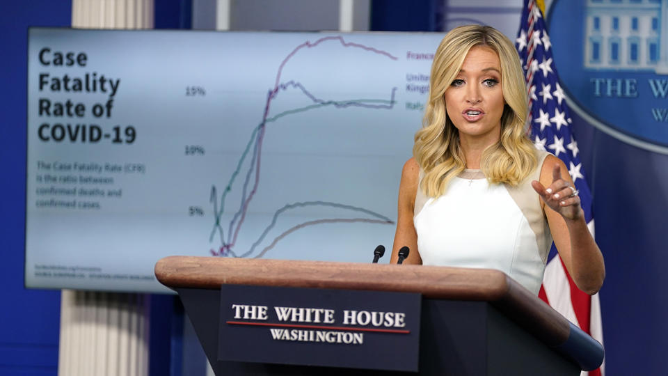 La secretaria de prensa de la Casa Blanca, Kayleigh McEnany, durante una conferencia de prensa en la Casa Blanca el lunes. (Foto AP/Evan Vucci)