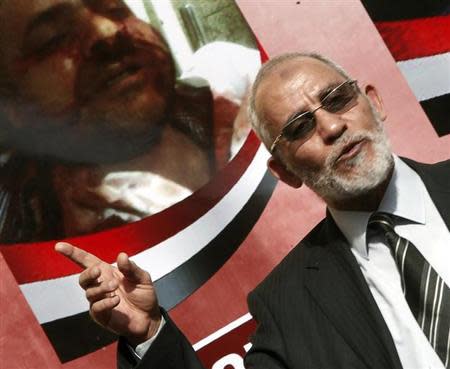 The supreme guide of Egypt's Muslim Brotherhood Mohamed Badie speaks during a news conference at the Brotherhood's main office in Cairo in this file photo taken December 8, 2012. REUTERS/Amr Abdallah Dalsh