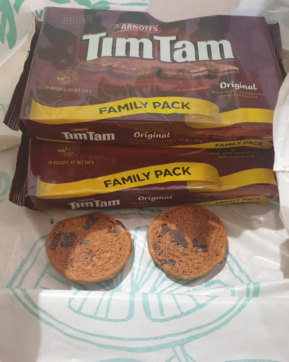 A Woolworths customer received two single cookies in the bottom of a shopping bag, with no packaging.