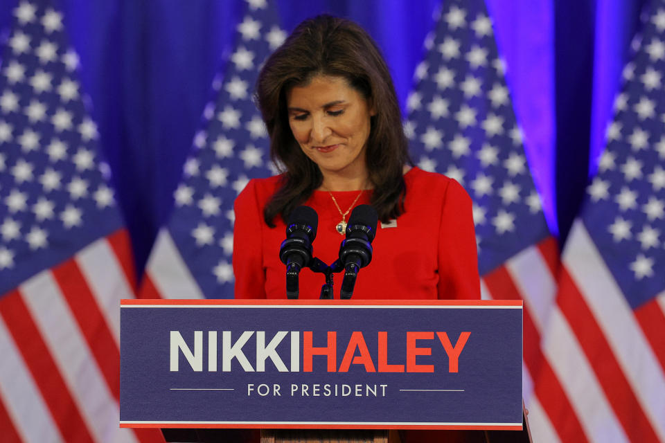 Former United Nations Ambassador Nikki Haley announces she is suspending her campaign in Charleston, S.C, on March 6.