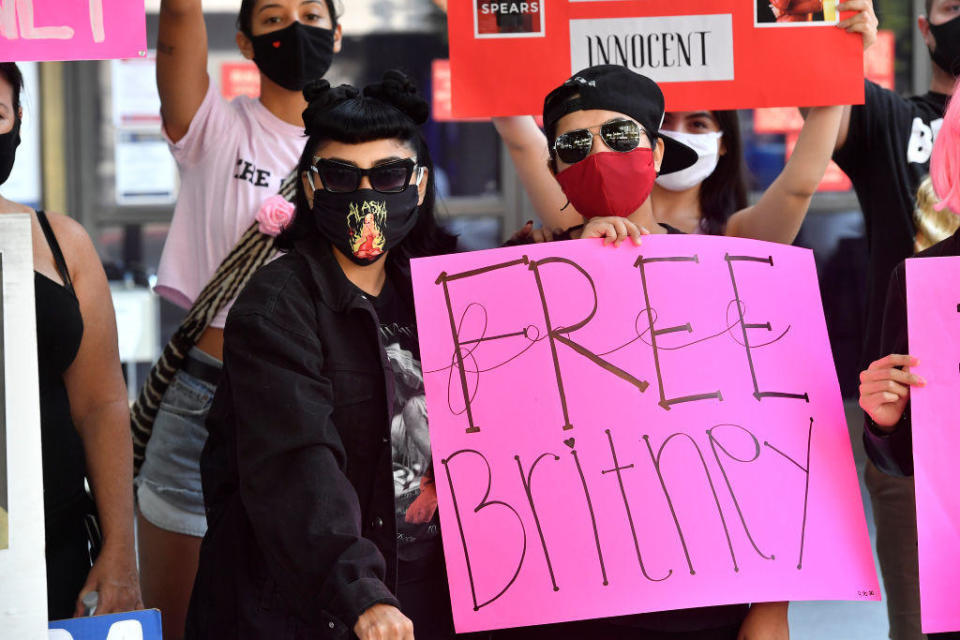 Supporters of Britney Spears outside a Los Angeles courthouse on September 16, 2020. / Credit: Frazer Harrison/Getty