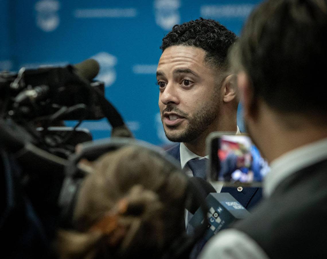 Newly appointed Broward County School Board Member Daniel P. Foganholi speaks to reporters after being sworn in at the Kathleen C. Wright Administration Center in Fort Lauderdale, Florida, on Jan. 18, 2023.