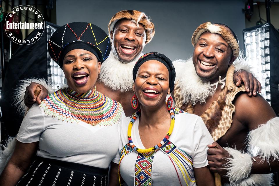 The Lion King cast members Lindiwe Dlamini, Sibusiso Negma, Tshidi Manye, and Bongi Duma