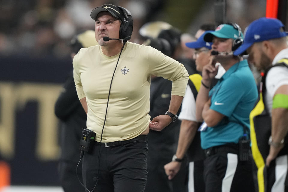 New Orleans Saints head coach Dennis Allen looks out onto the field in the first half of an NFL football game against the Tennessee Titans in New Orleans, Sunday, Sept. 10, 2023. (AP Photo/Gerald Herbert)