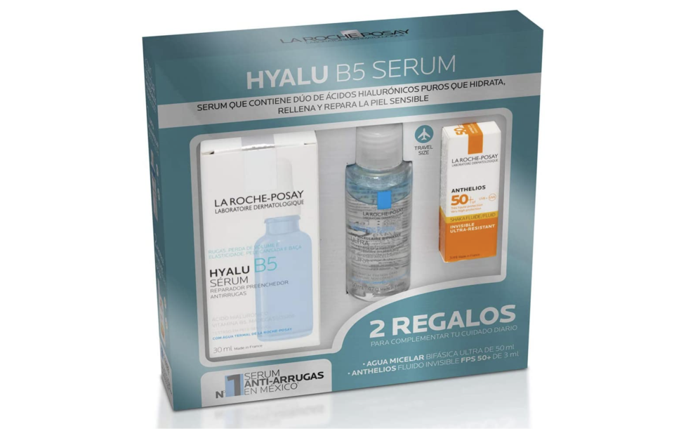 La roche posay kit de serum facial anti arrugas con acido hialuronico + desmaquillante bifasico + bloqueador solar de regalo. Foto: amazon.com.mx
