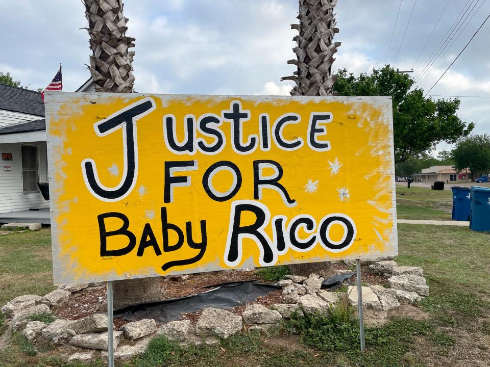 A sign posted outside of the Paredes home in Refugio on Tuesday, May 3, 2022, the day former Refugio police officer Lee Jordan was set to stand trial for felony injury to a child.
