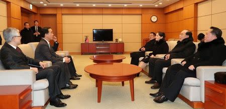 South Korea's Unification minister Cho Myoung-gyun meets Ri Son Gon, chairman of the Committee for the Peaceful Reunification of the Country of the DPRK, Kim Yong Nam, president of the Presidium of the Supreme People's Assembly, Kim Yo Jong, alternate member of the Political Bureau of the Workers' Party Central Committee and Choe Hwi, chairman of the National Sports Guidance Committee in Incheon, South Korea February 9, 2018. Yonhap via REUTERS