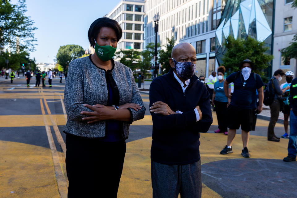 Mayor of Washington, D.C. Muriel Bowser and Congressman Rep. John Lewis (GA) are seen in Black Lives Matter Plaza, in front of the White House,  in Washington, D.C. June 7, 2020.  (Photo by Aurora Samperio/NurPhoto via Getty Images)