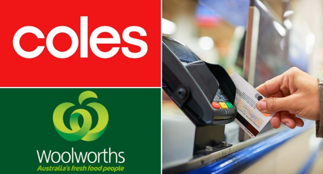 Coles logo; Woolworths logo; hand swiping card at EFTPOS machine