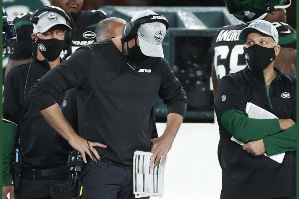 New York Jets head coach Adam Gase reacts during an NFL game against the Denver Broncos.