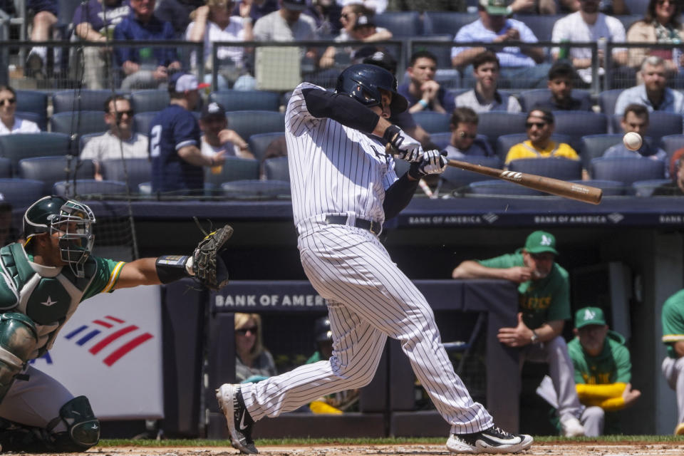 New York Yankees' Gleyber Torres hits a sacrifice fly during the first inning of a baseball game against the Oakland Athletics, Wednesday, May 10, 2023, in New York. (AP Photo/Bebeto Matthews)