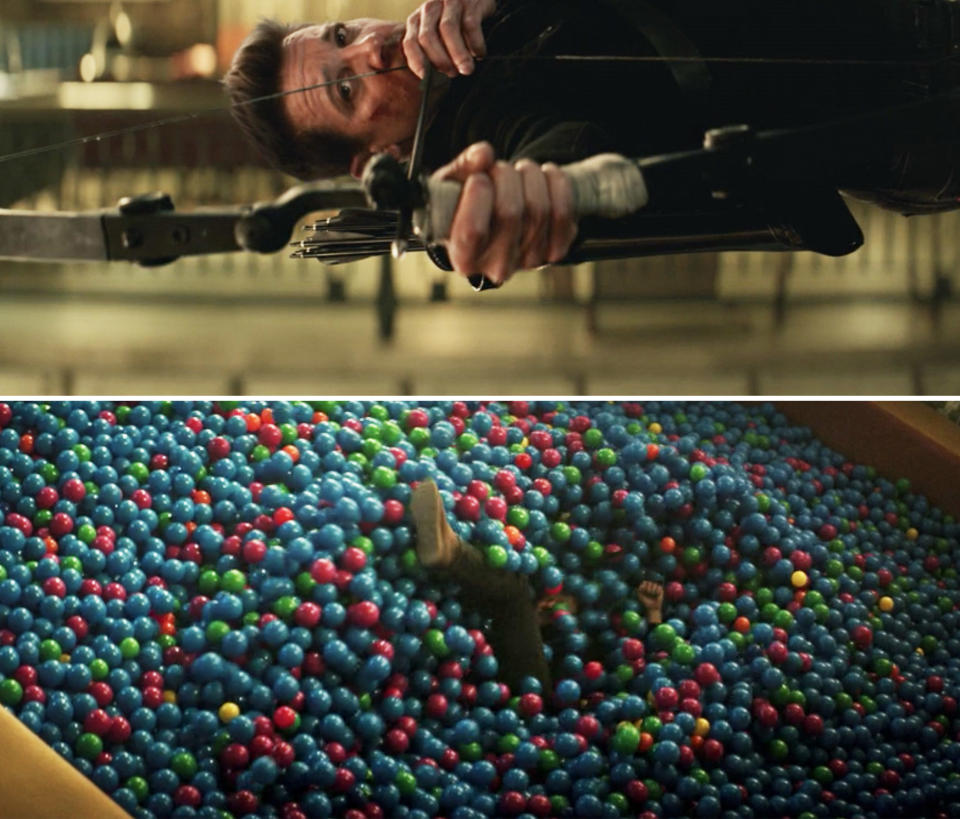 <div><p>"I remember, we were over filming by the shelving units one day. We were moving our way around the toy store filming and suddenly we heard this crash. Everyone stopped and looked, and the next thing Jeremy Renner popped out of the ball pit with this big grin on his face, like a six year old, and then he dove back in again," Bert recalled. "We had to go and talk about that and find a way to include it for Clint."</p></div><span> Marvel / Disney+</span>