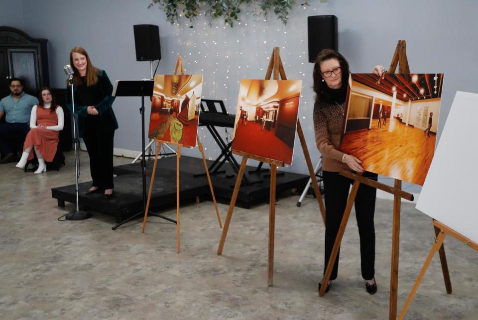 From left: Wallace Theater executive director Allycyn Keeling and co-owner Iris Keeling unveil artist's renderings of the proposed restoration of the Wallace Theater during a press conference at the Studebaker Events building in Levelland on Dec. 5th, 2023.