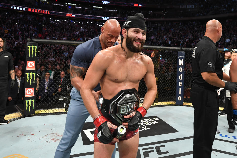 NEW YORK, NEW YORK - NOVEMBER 02: Jorge Masvidal celebrates his victory over Nate Diaz (doctor's stoppage) in their welterweight bout for the BMF title during the UFC 244 event at Madison Square Garden on November 02, 2019 in New York City. (Photo by Josh Hedges/Zuffa LLC via Getty Images)