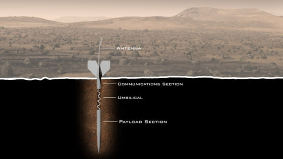 Artist's concept of a life-hunting "penetrator" probe that the proposed ExoLance mission would send to the Red Planet.