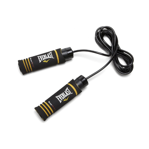 black and yellow weighted jump rope against white background