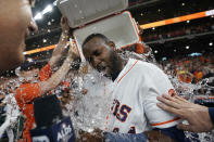 Houston Astros designated hitter Yordan Alvarez (44) celebrates after hitting a three-run, walkoff home run against the Seattle Mariners during the ninth inning in Game 1 of an American League Division Series baseball game in Houston,Tuesday, Oct. 11, 2022. (AP Photo/David J. Phillip)