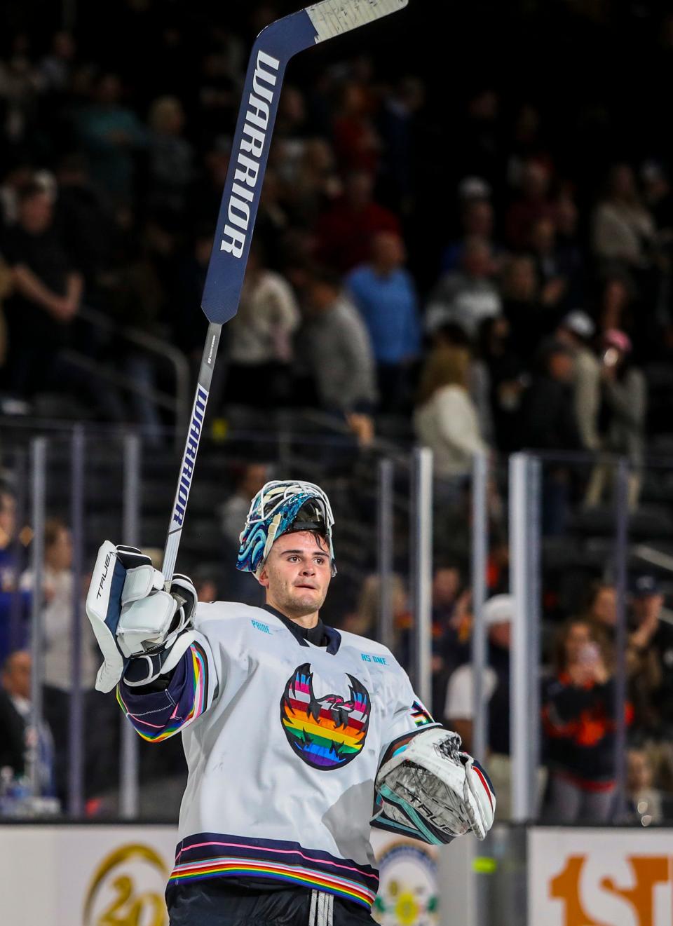 Coachella Valley goaltender Joey Daccord (35) is honored as one of the starts of the game after a 39 shot shutout against San Jose at Acrisure Arena in Palm Desert, Calif., Saturday, Jan. 7, 2023. 