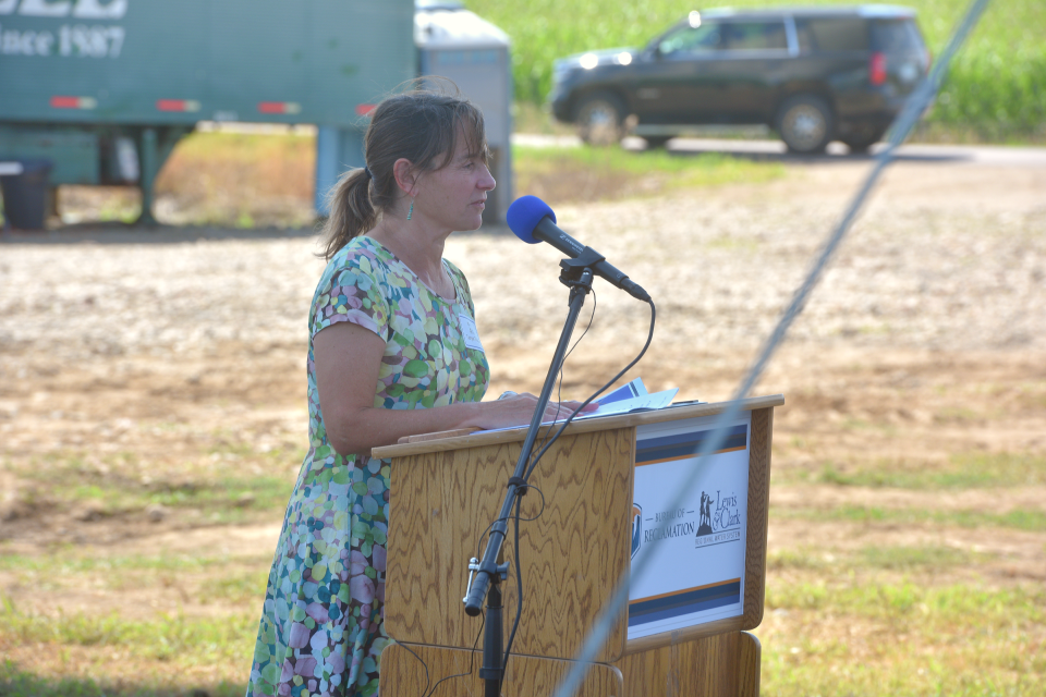 U.S. Assistant Secretary Tanya Trujillo, a native New Mexican with ties to Iowa, related her experiences growing up during droughts in both states during a speech prior to the ribbon cutting ceremony for the Beresford water tower.