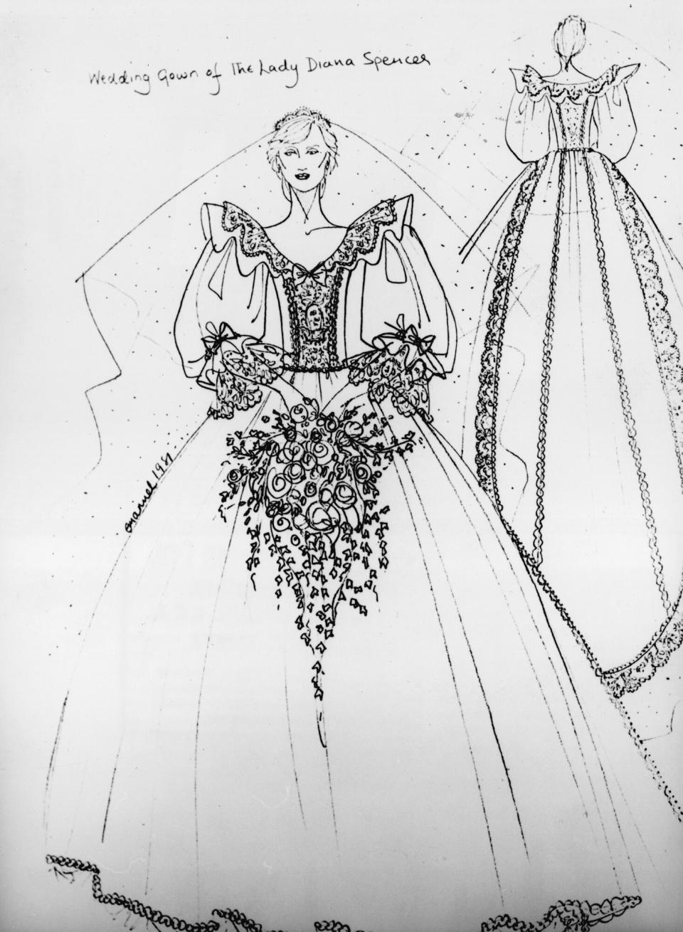 A sketch of the dress designed by Elizabeth Emanuel for the wedding of Diana Spencer and Prince Charles. The wedding took place on 29th July 1981