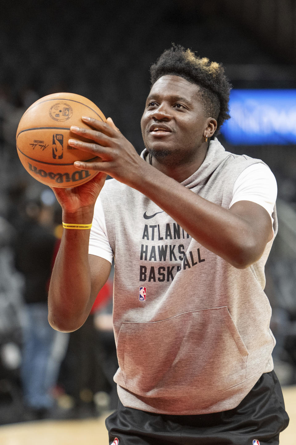 Atlanta Hawks center Clint Capela warms up prior to an NBA basketball game against the Utah Jazz, Tuesday, Feb. 27, 2024, in Atlanta. (AP Photo/Hakim Wright Sr.)