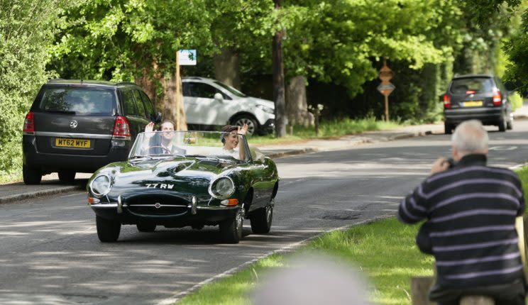 <i>James and Pippa’s vintage Jaguar has also caused an interest [Photo: PA]</i>