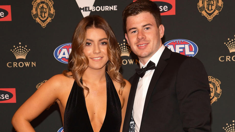 Jack Higgins of the Tigers and his partner Tenisha Crook arrive ahead of the 2018 Brownlow Medal at Crown Entertainment Complex on September 24, 2018 in Melbourne, Australia.  (Photo by Quinn Rooney/Getty Images)